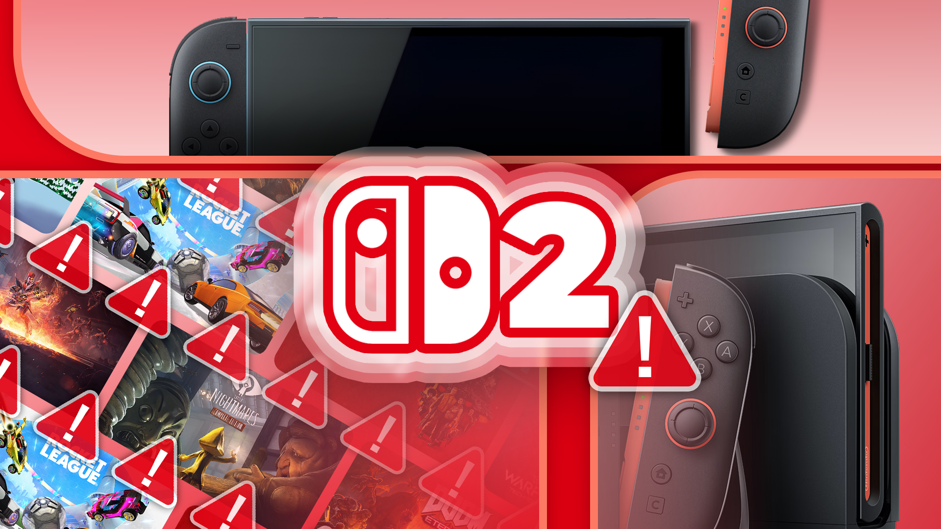 Nintendo Switch 2 with the logo in the center and some games with a warning sign.