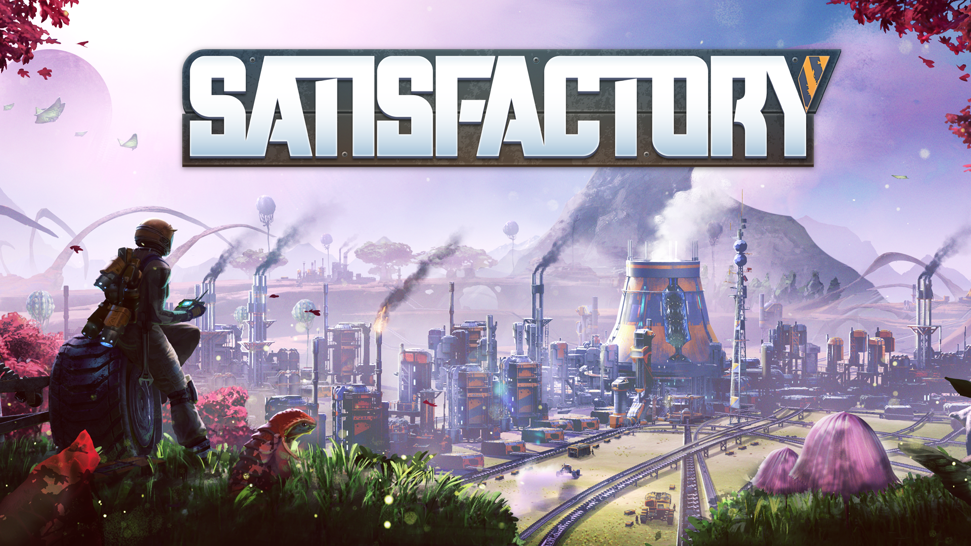 A FICSIT Pioneer sitting on a tire overlooking a factory with the Satisfactory logo across the top.