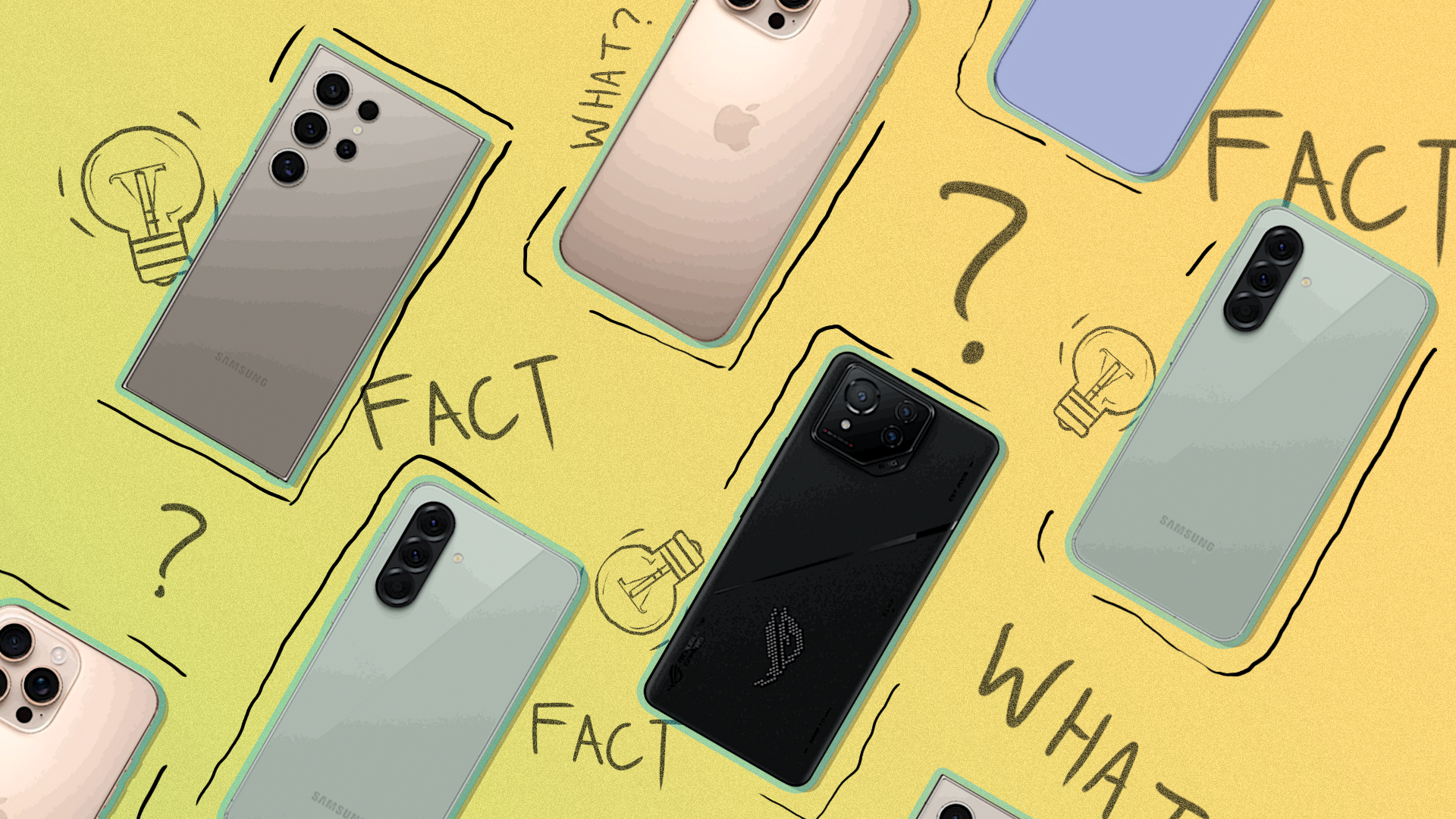 Several smartphones side by side with some notes around them.