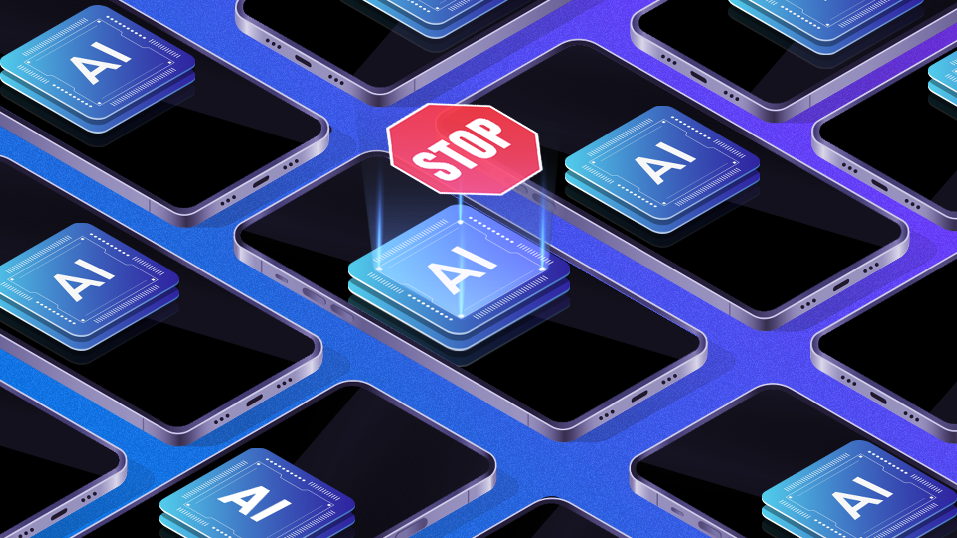 Several smartphones with an AI chip on the screen and one in the center with a chip that says 'Stop'.