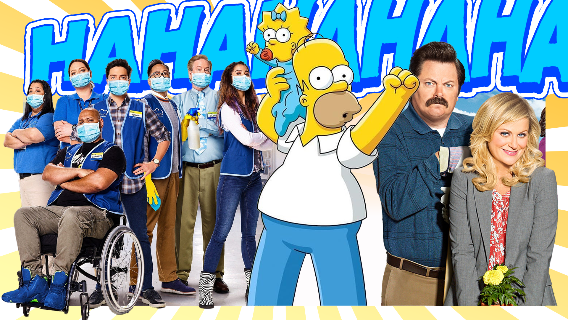 Some comedy TV shows with playful 'hahaha' text in the background.