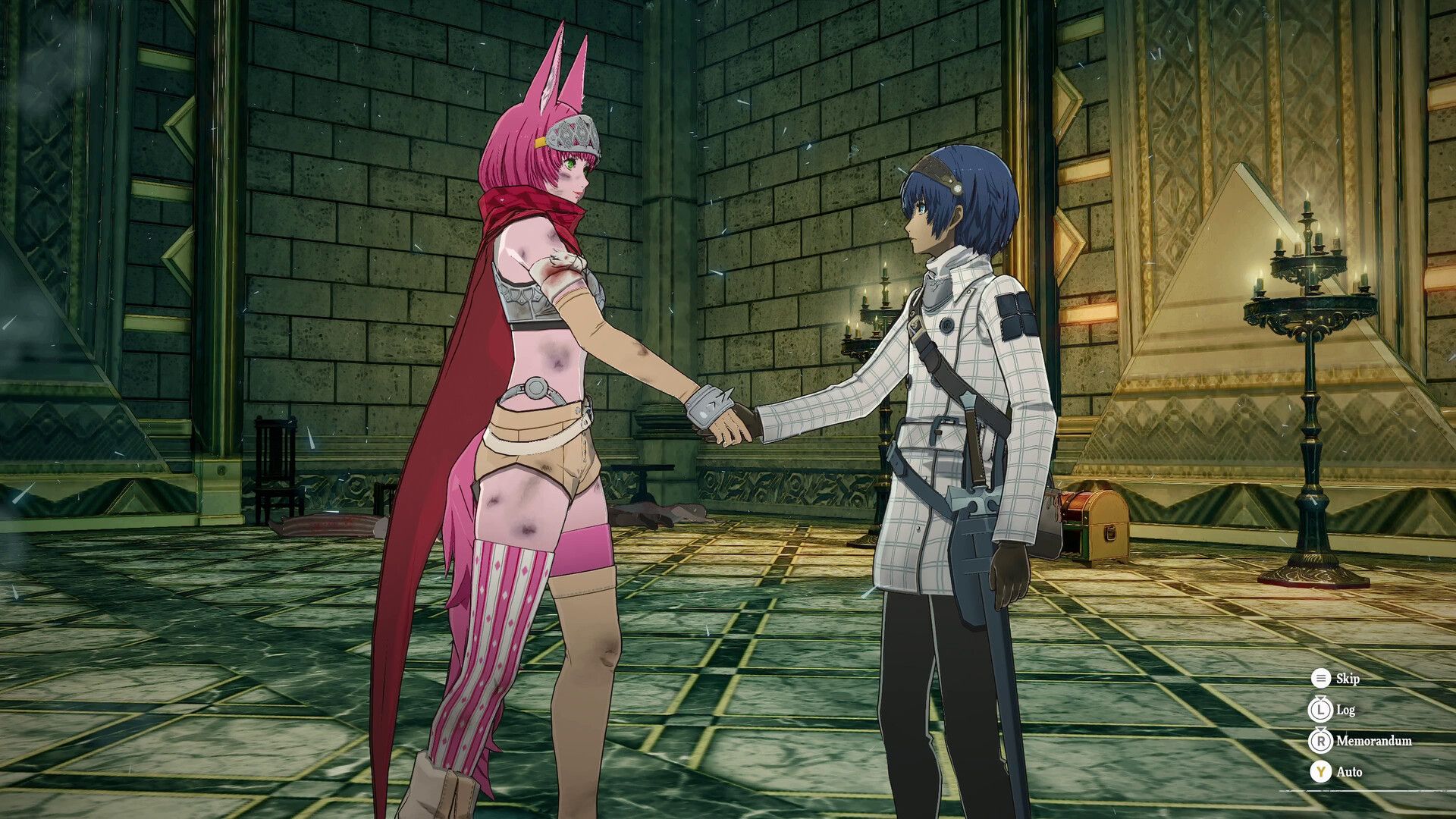 Will and Catherina from Metaphor: ReFantazio shaking hands in a dungeon.