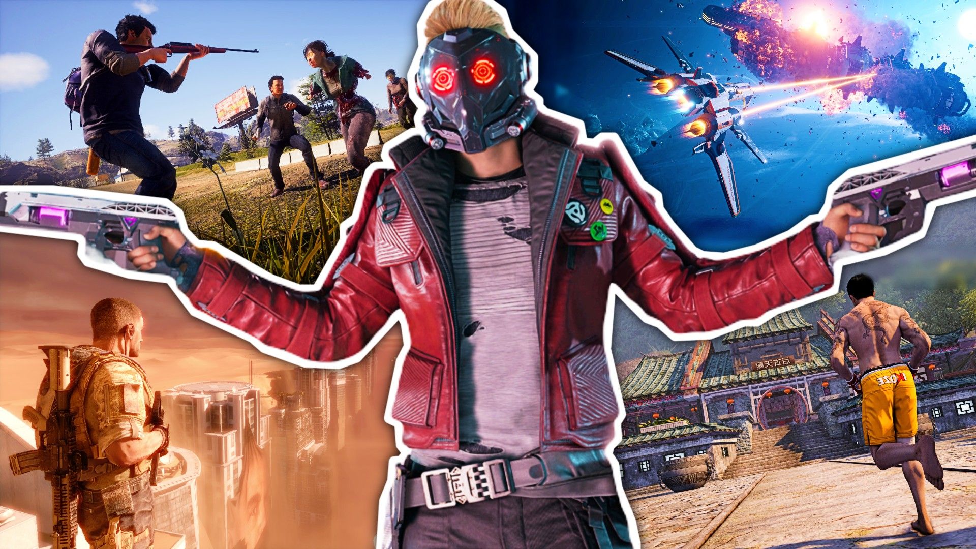 Star Lord from Guardians of the Galaxy standing in front of an image of a space battle from Everspace 2 the protagonist from Spec Ops the line Wei Shin running in Sleeping Dogs and a survivor shooting zombies in State of Decay 2.