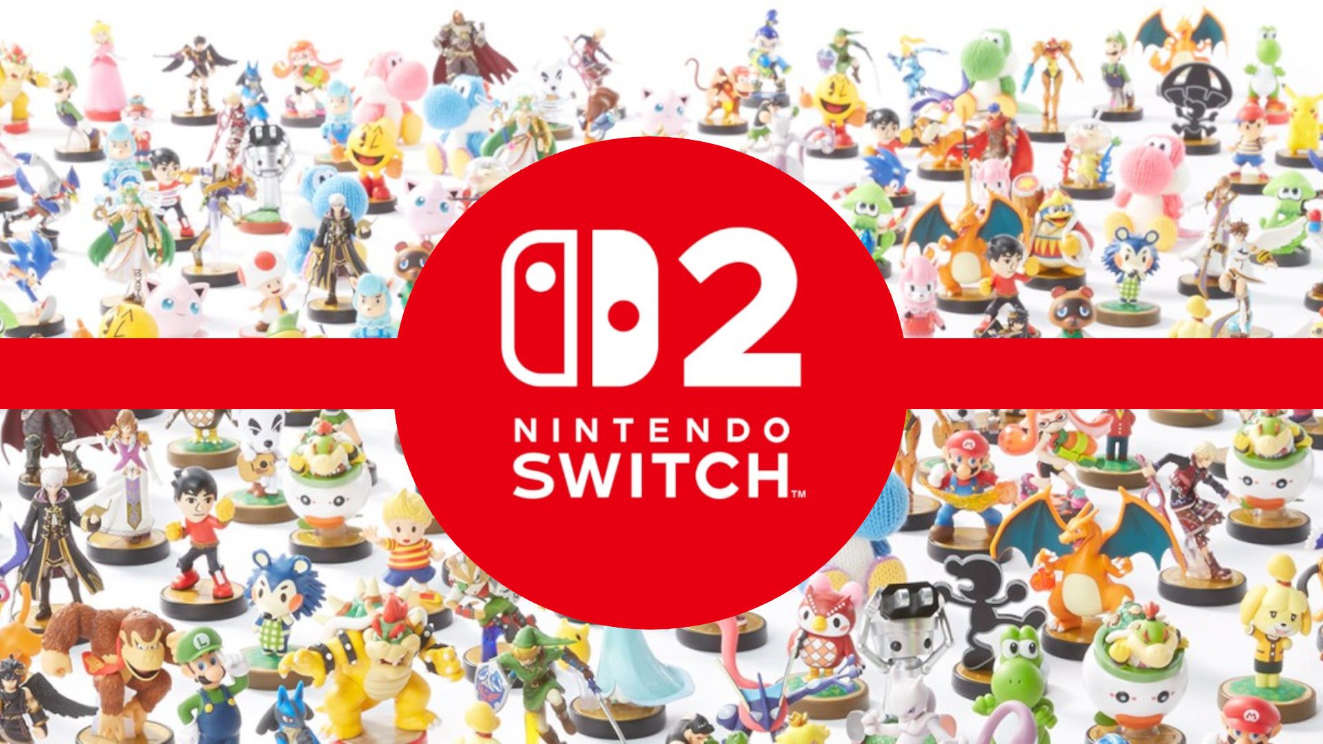 The Nintendo Switch 2 logo surrounded by Amiibo figures.