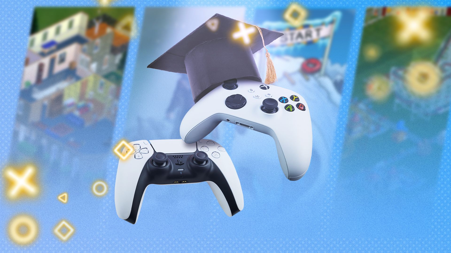 Two video game controllers, one wearing a graduation cap, with some blurred games in the background.