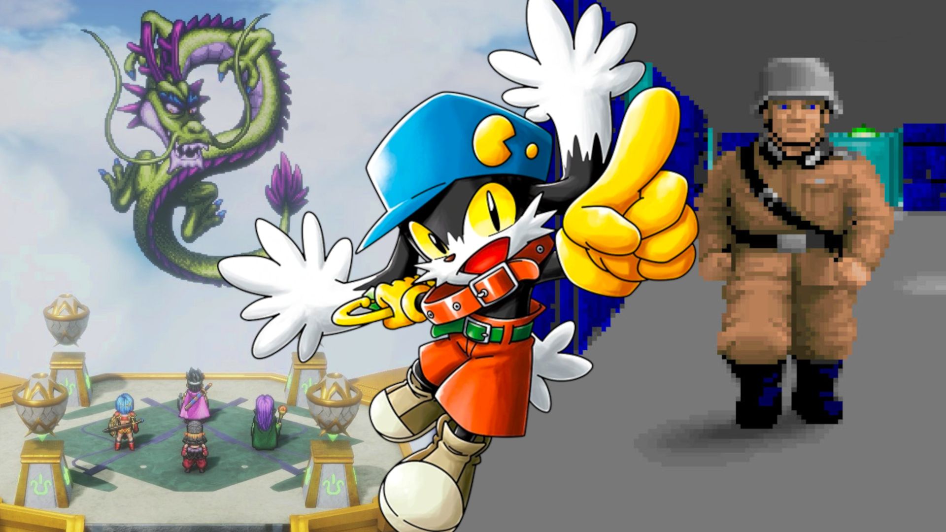 Characters from Klonoa, Wolfenstein 3D, and Dragon Quest III.