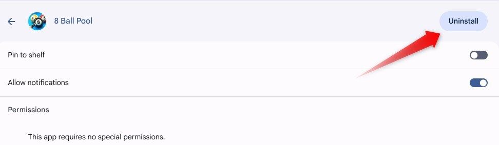 Uninstalling a game on a Chromebook.