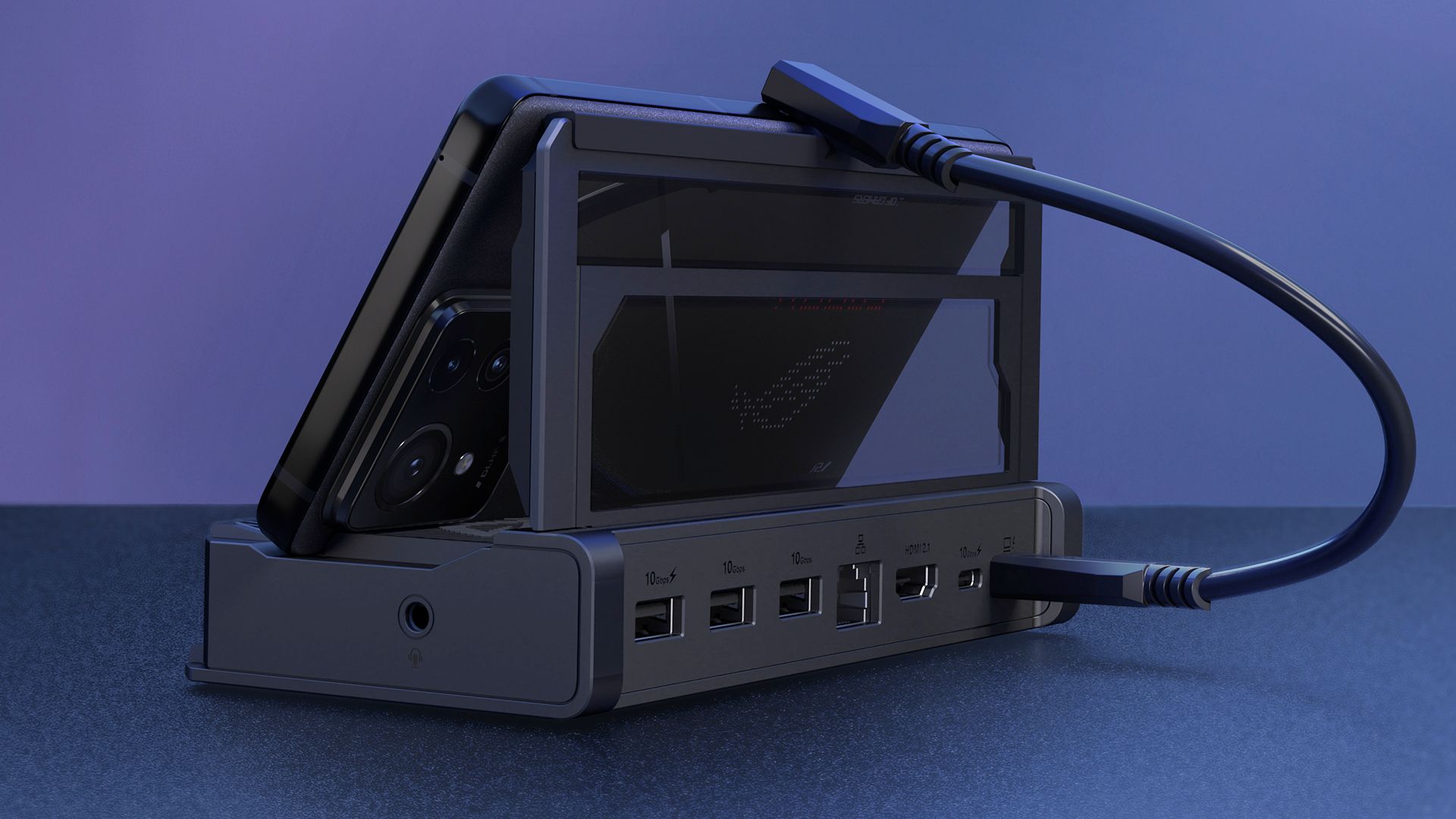 View of the ASUS ROG Bulwark Dock's rear I/O.