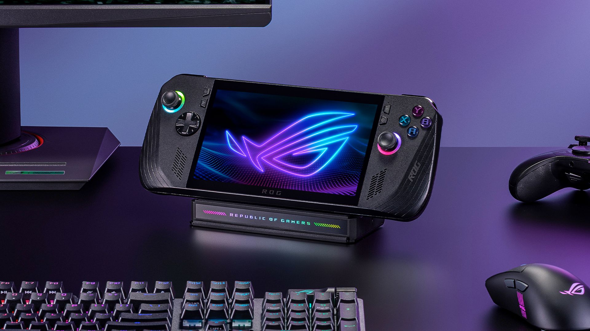 An ASUS ROG Ally gaming pc placed on an ASUS ROG Bulwark Dock.