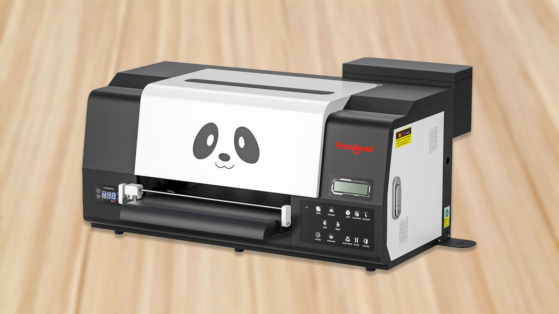 A Procolored printer on a wood textured background.