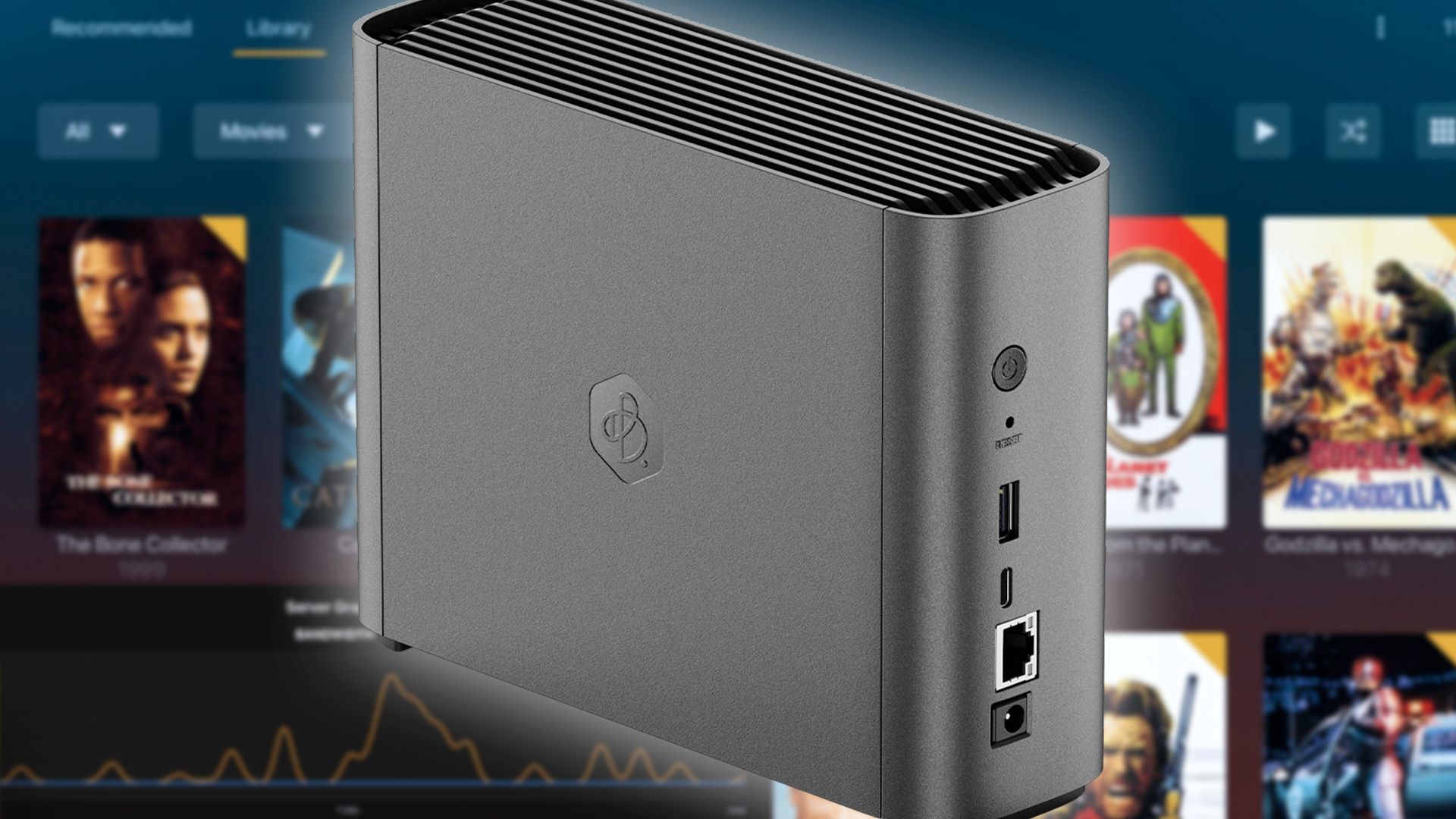 The Synology BeeStation Plus over a screenshot of Plex.