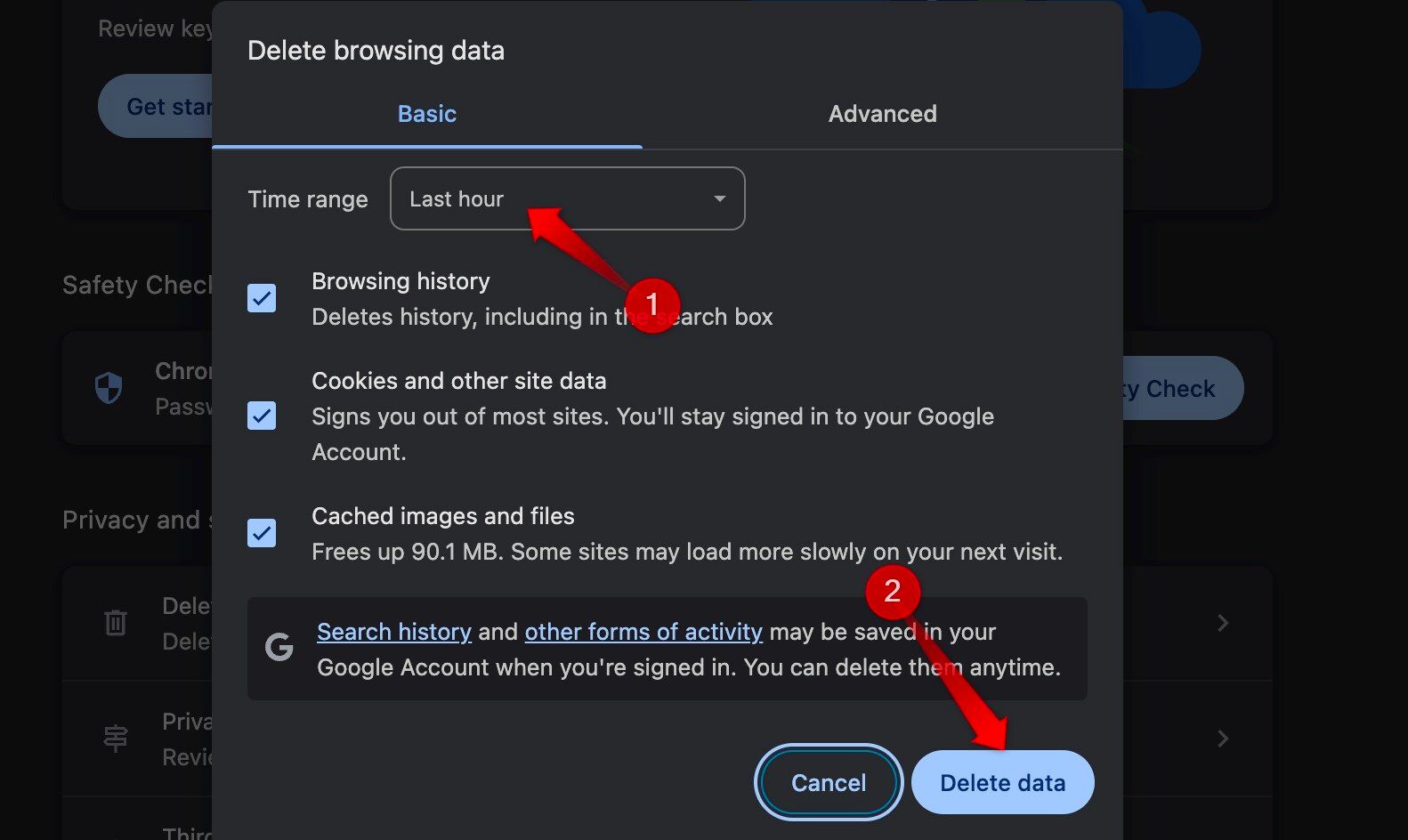 Clearing the downloads history and cookies in the Chrome browser.
