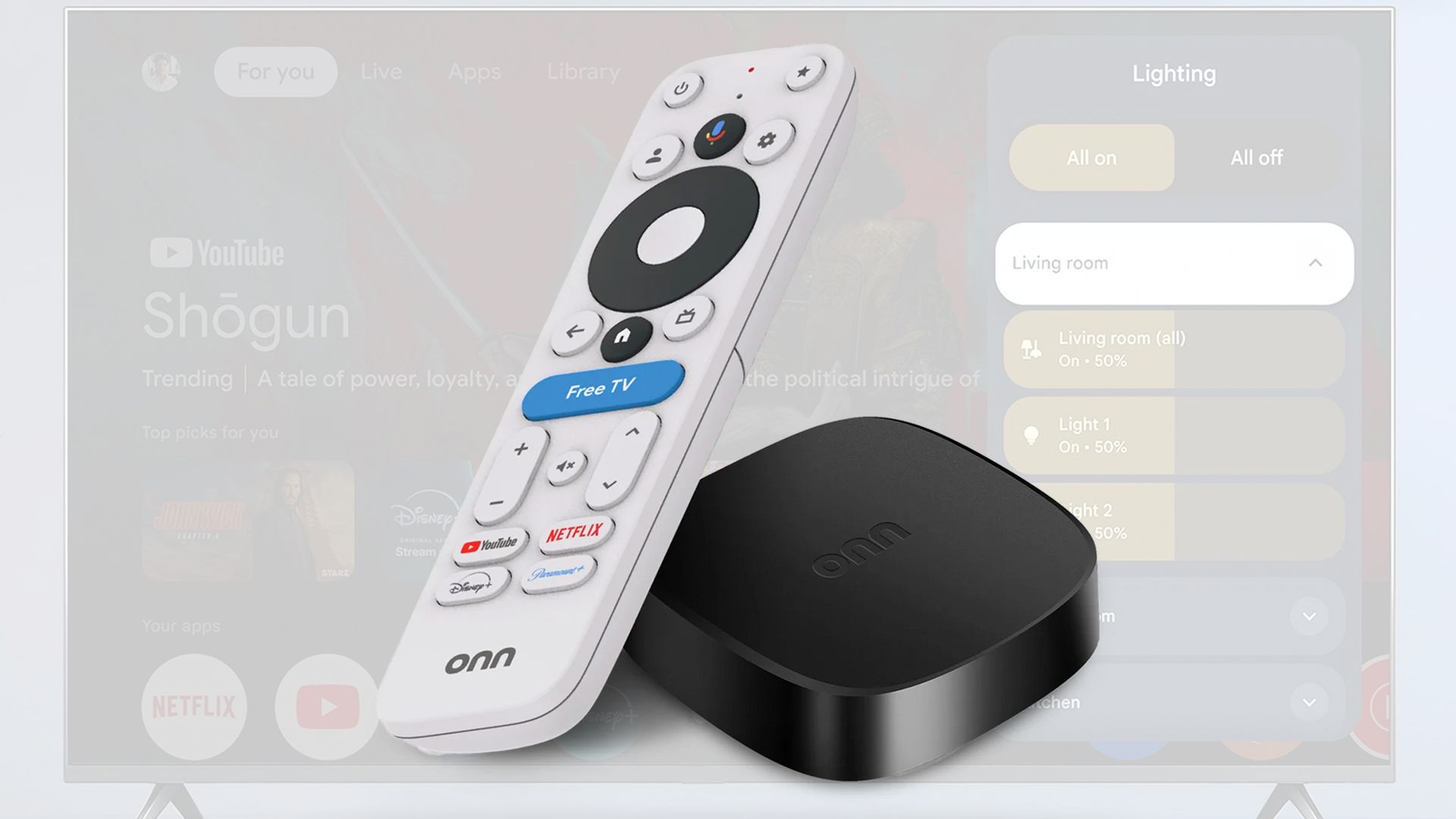 The Onn 4K Plus streaming box and voice remote over a photo of a TV.