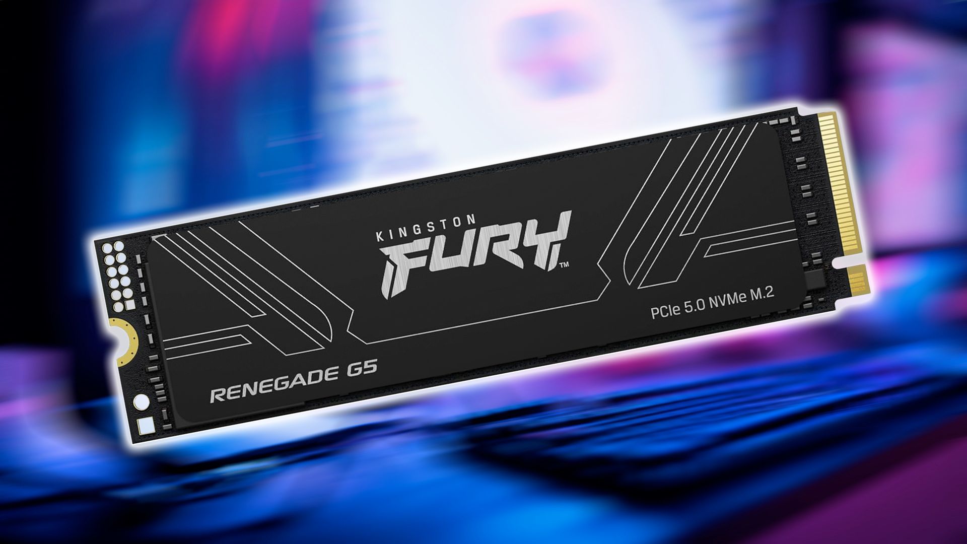 The Kingston FURY Renegade G5 SSD over a colorful background.