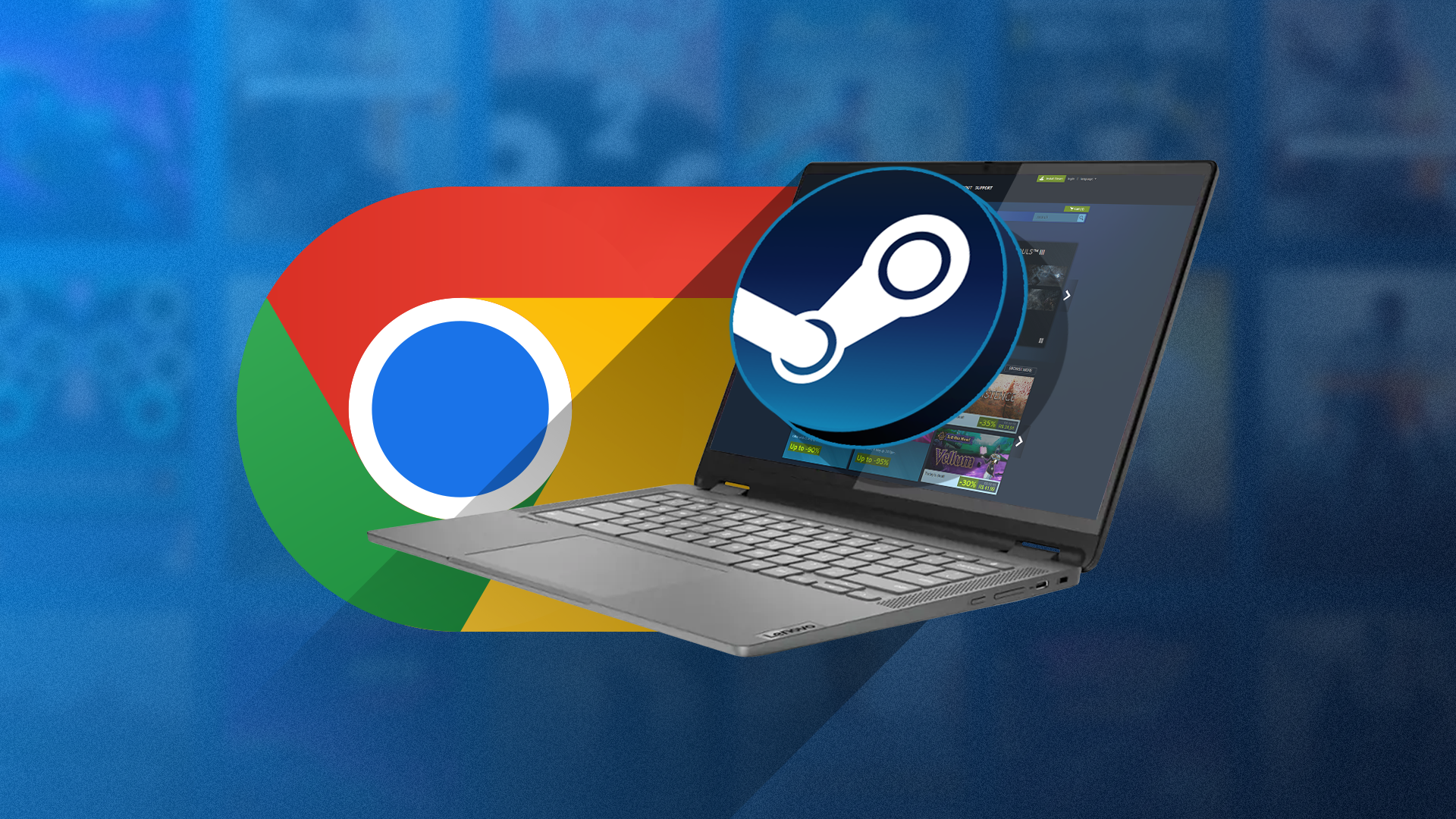 A Chromebook with Steam open, with the Steam logo and the Chrome logo next to it.