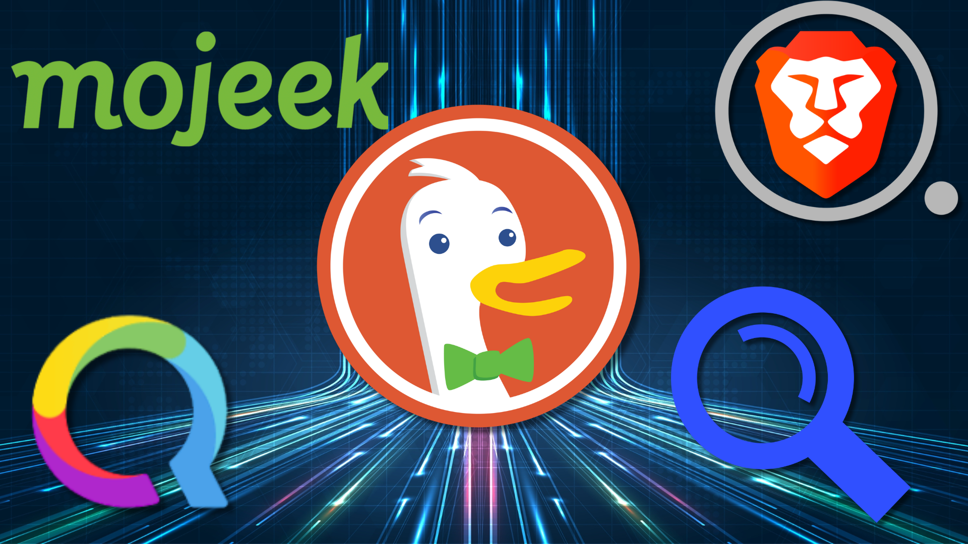 A collection of search engine logos on a dynamic background representing data traffic.