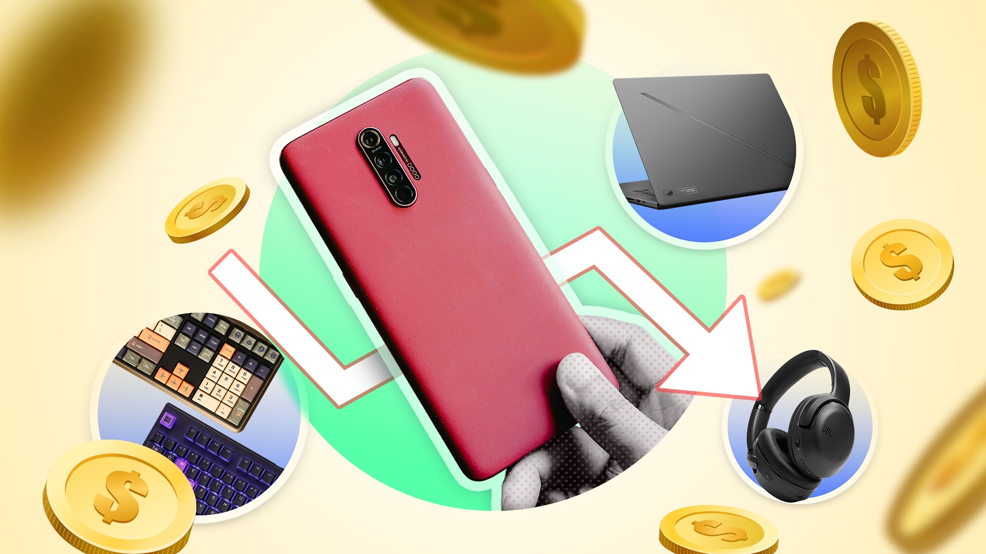 A hand holding a phone, some tech products beside it, and several coins around.