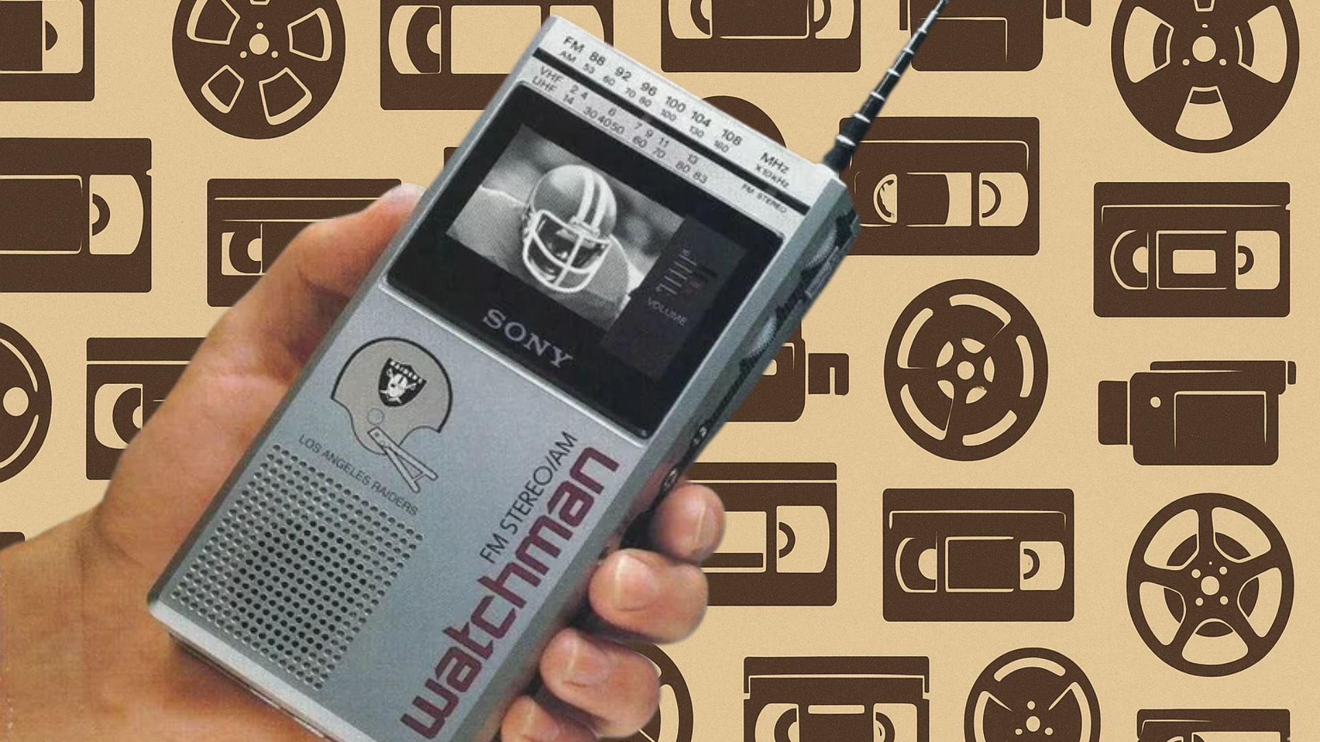 A hand holding a Sony Watchman on a background featuring vintage media icons.