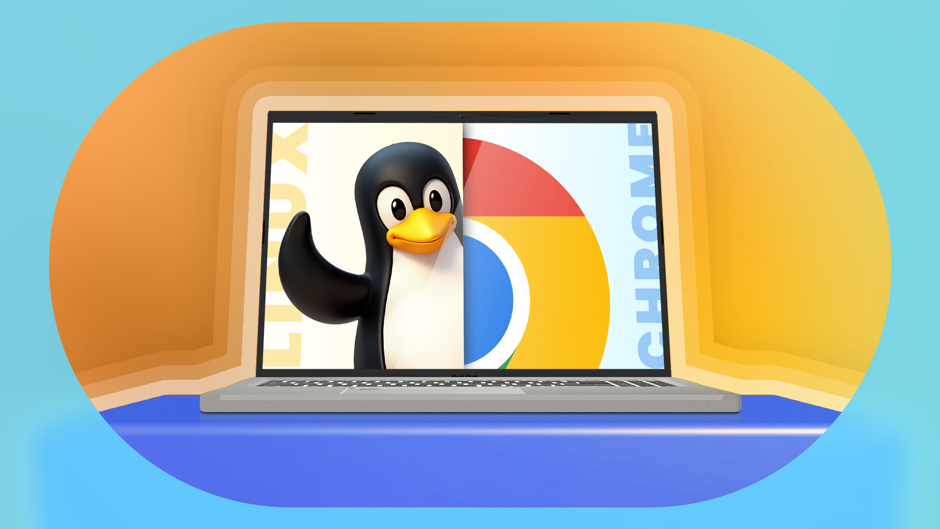 A laptop on a surface with its screen split between Linux on the left side and ChromeOS on the right.