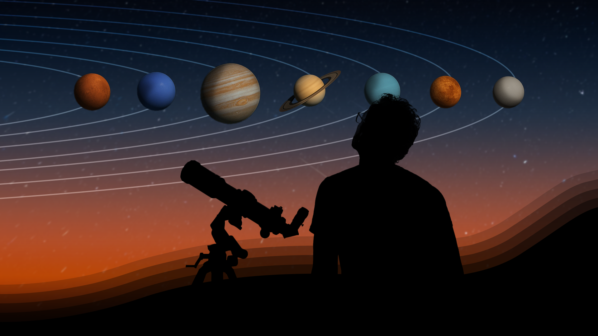 A man looking at several planets with a telescope beside him.