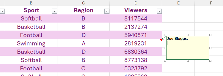 A note in Excel with the username Joe Bloggs at the top, and a blinking cursor underneath.