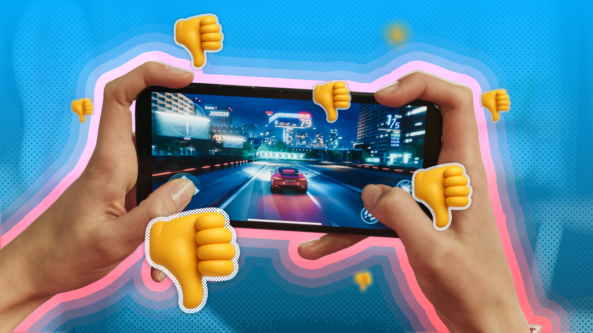 A person playing on their phone with several thumbs down around.