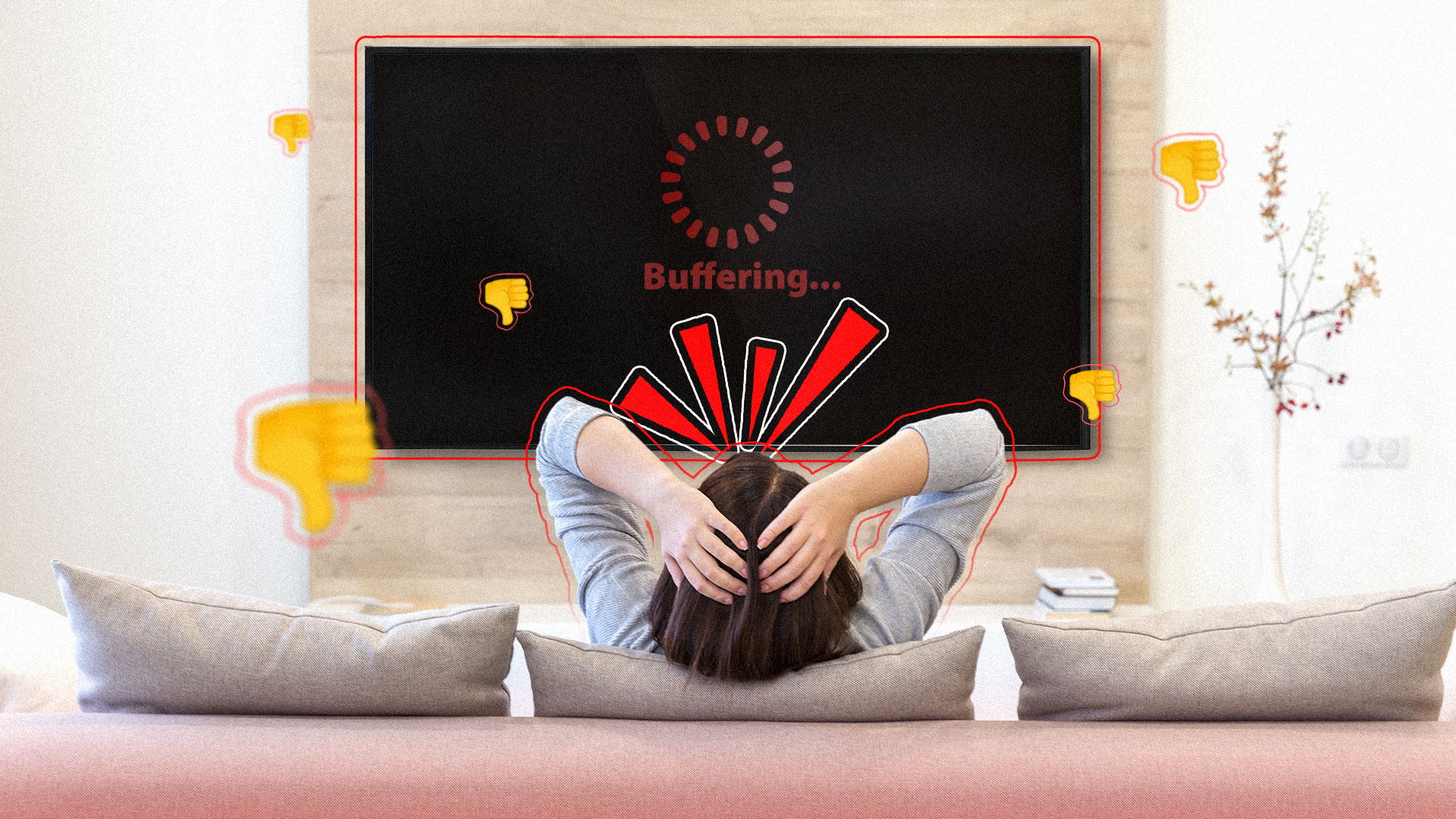 A person sitting on a couch, angry, while the TV is buffering.