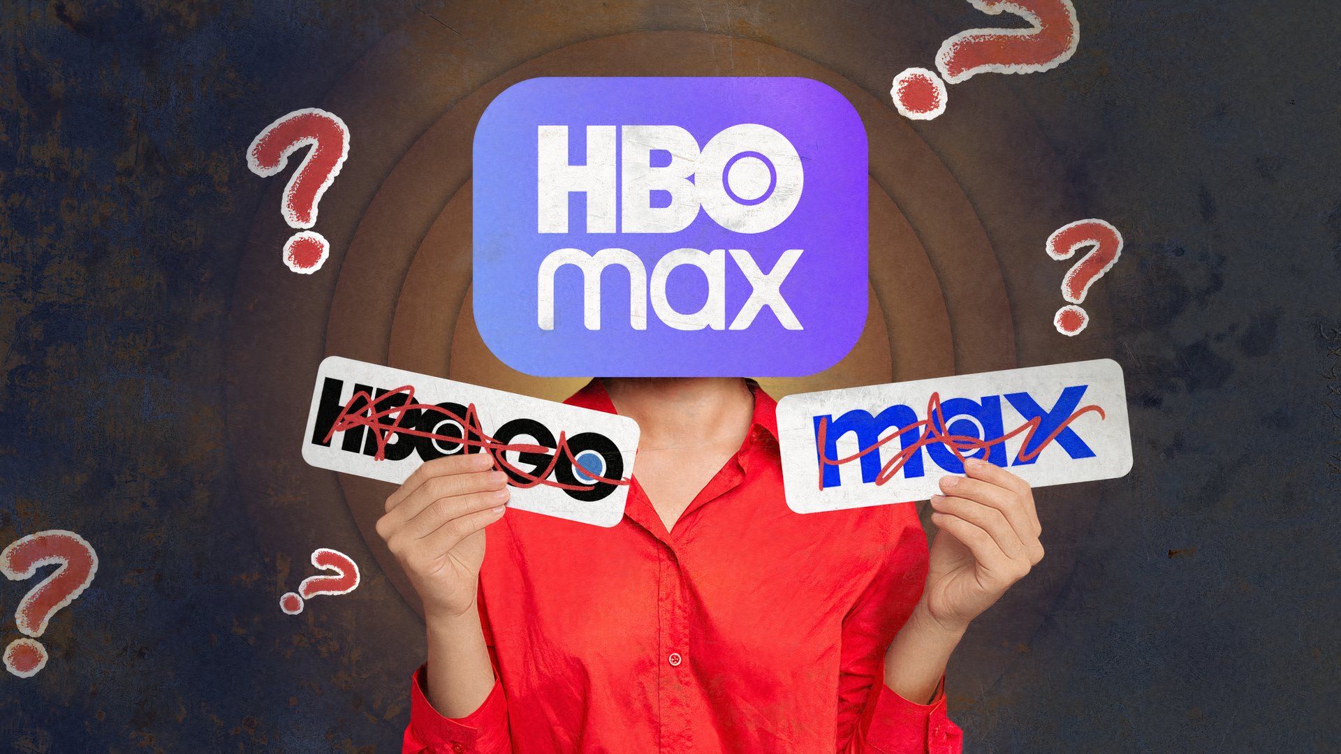 A person with the HBO Max logo in place of their head, holding the crossed-out logos of Max and Max Go, with several question marks around.