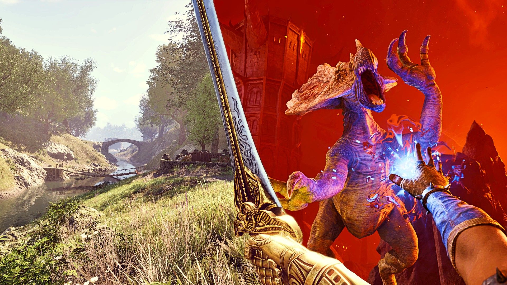 A player holding a sword heading toward a river with a bridge while the other side of the sword shows a monster being shot at with a magic missile in The Elder Scrolls IV Oblivion Remastered.