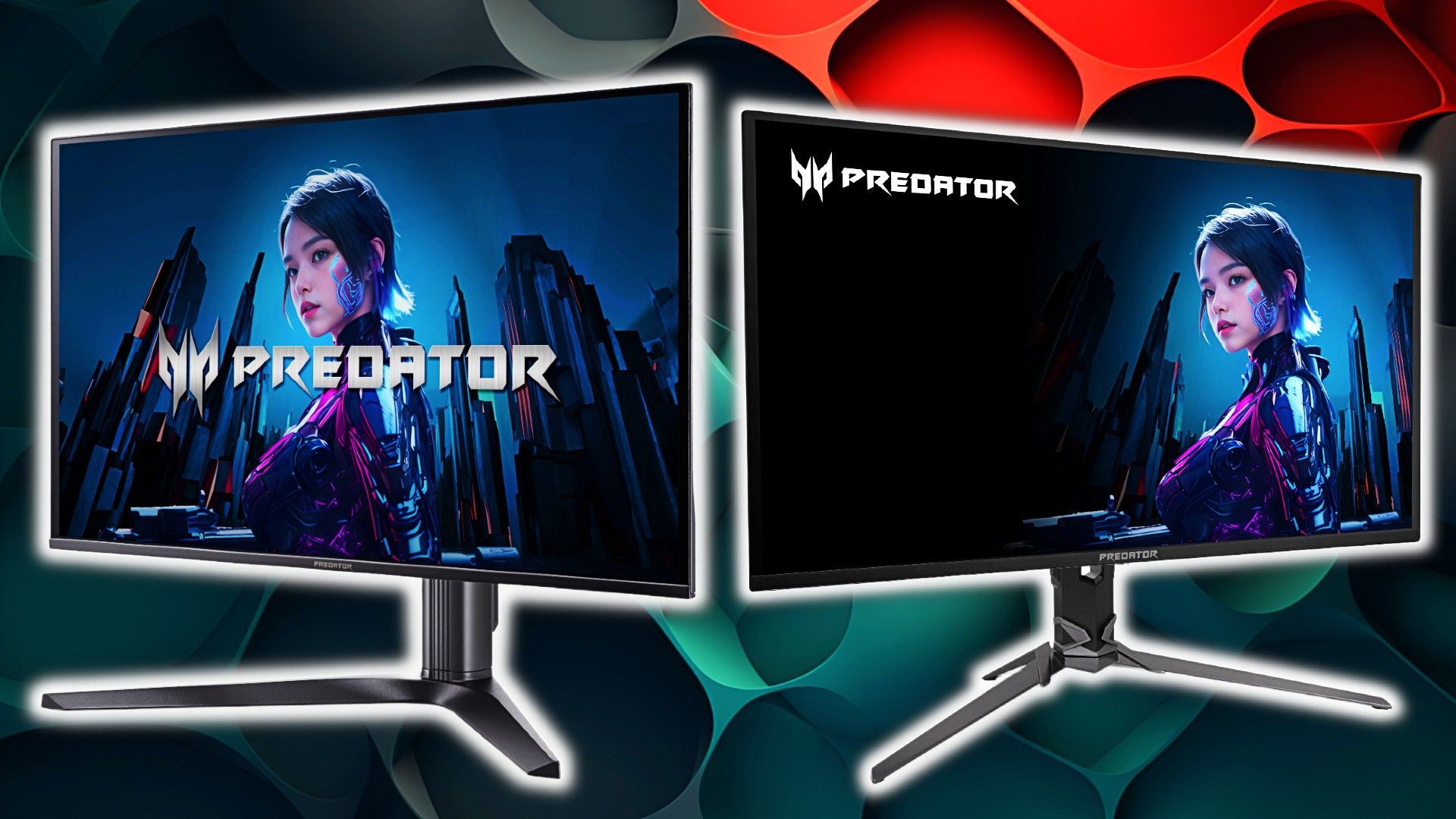 A Predator X27U F5 facing left with a large Predator logo and a lady on the screen next to a Predator X27 X facing right with a lady on the screen