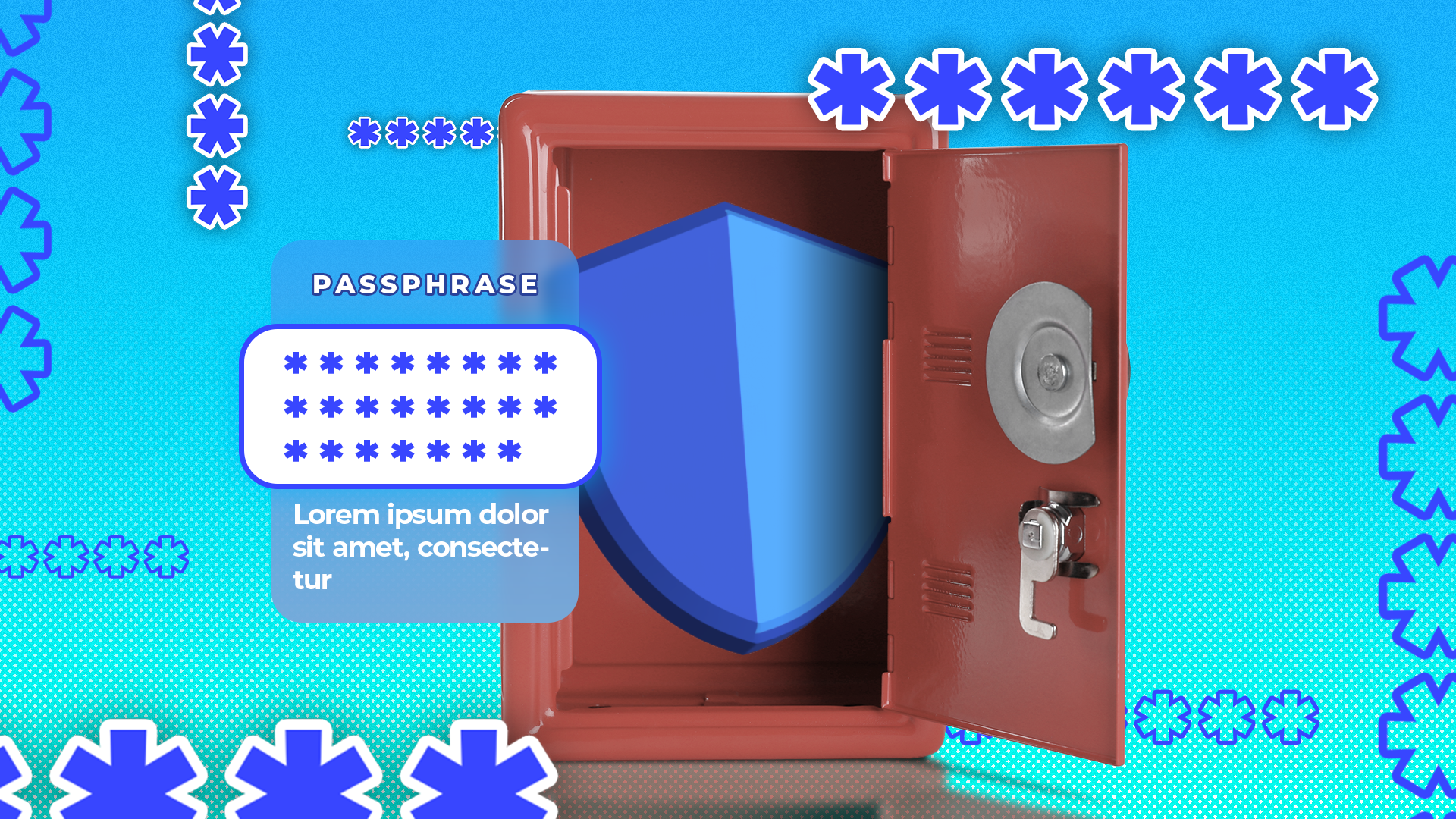 A safe with a shield inside and a passphrase next to it.