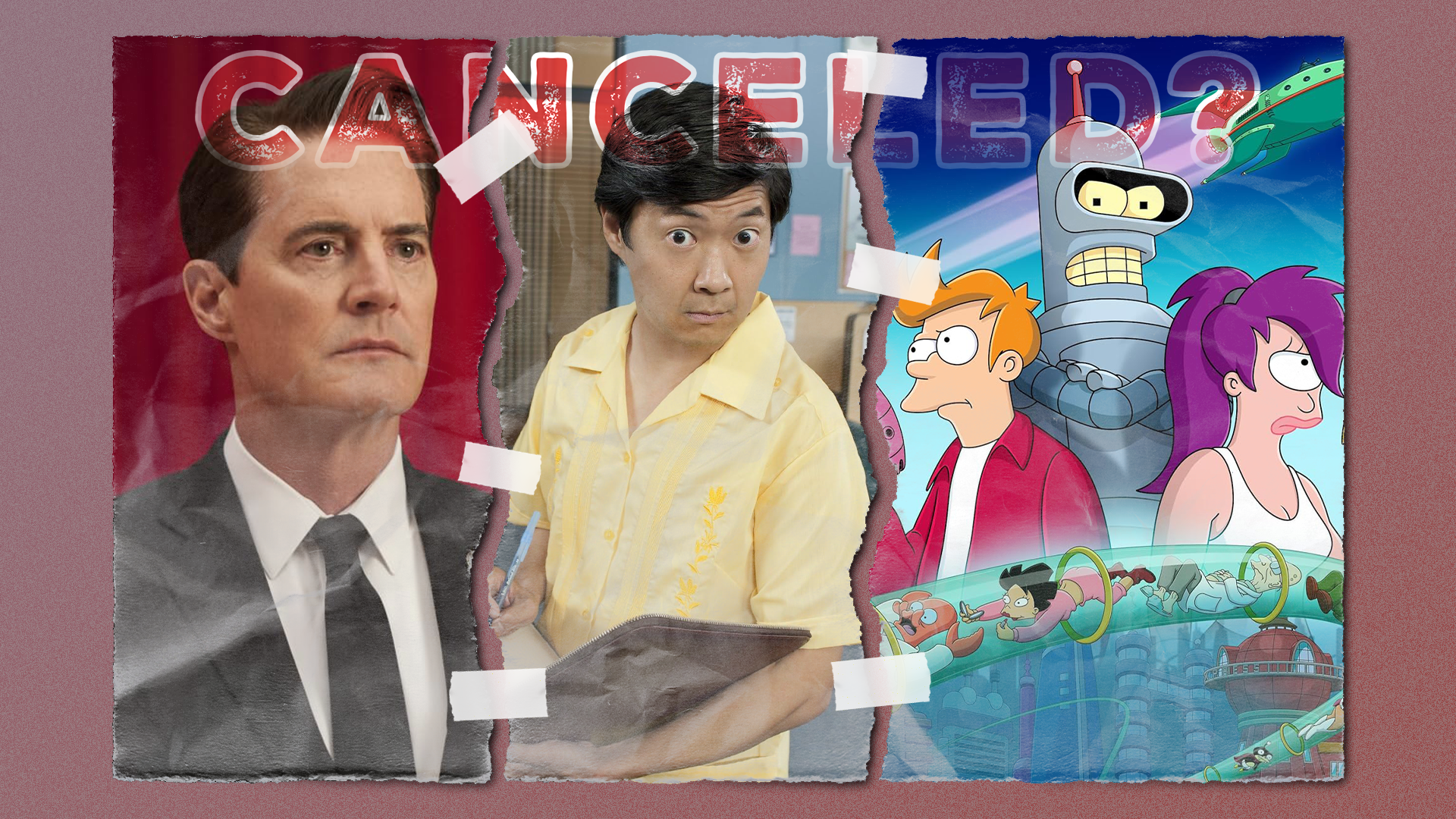 A torn piece of paper taped together, featuring images from three TV shows that were canceled and later returned.