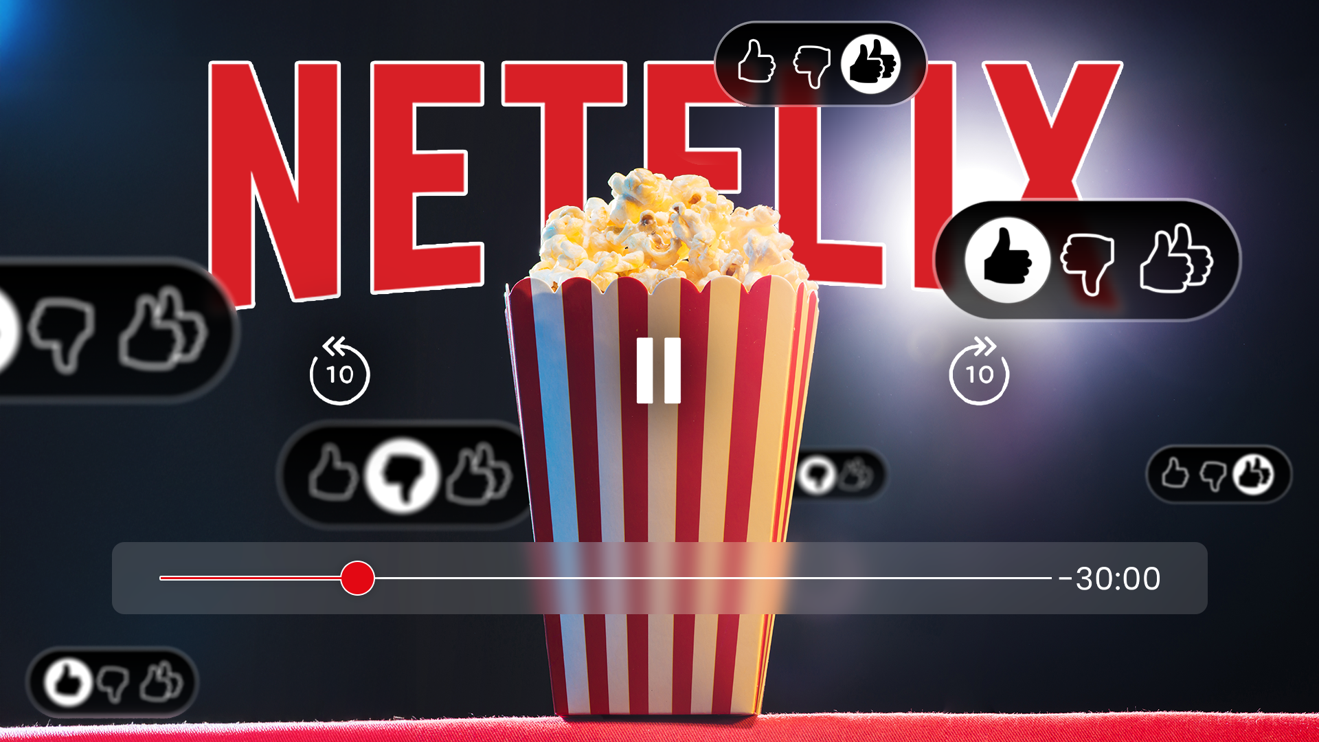A video player with a popcorn bucket, the Netflix logo in the background, and several thumbs up and thumbs down icons around it.