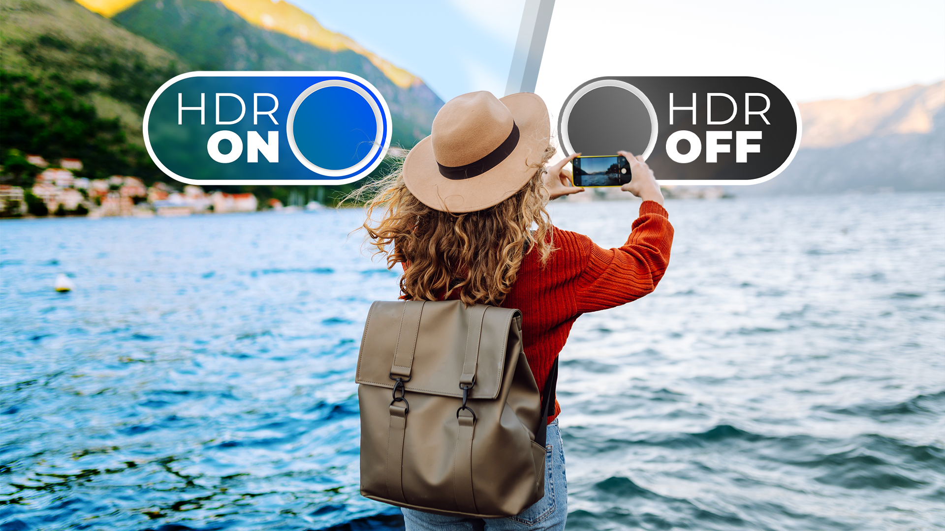 A woman taking a photo of a landscape with her phone, with a HDR toggle switch turned on and another turned off.