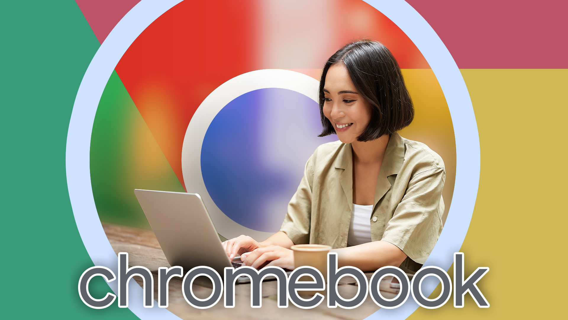 A woman using a laptop in a café with the Chrome logo in the background.