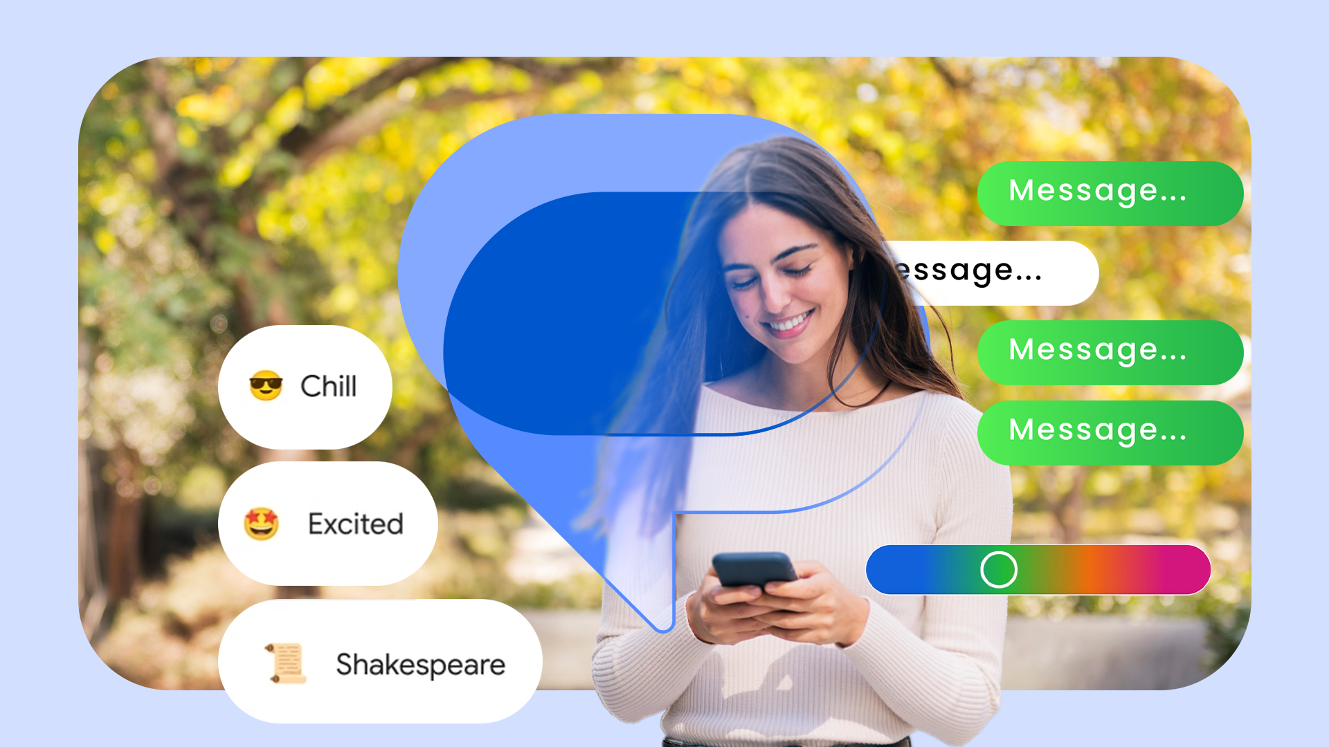 A woman using her phone with messages beside her and the Google Messages logo at the center.