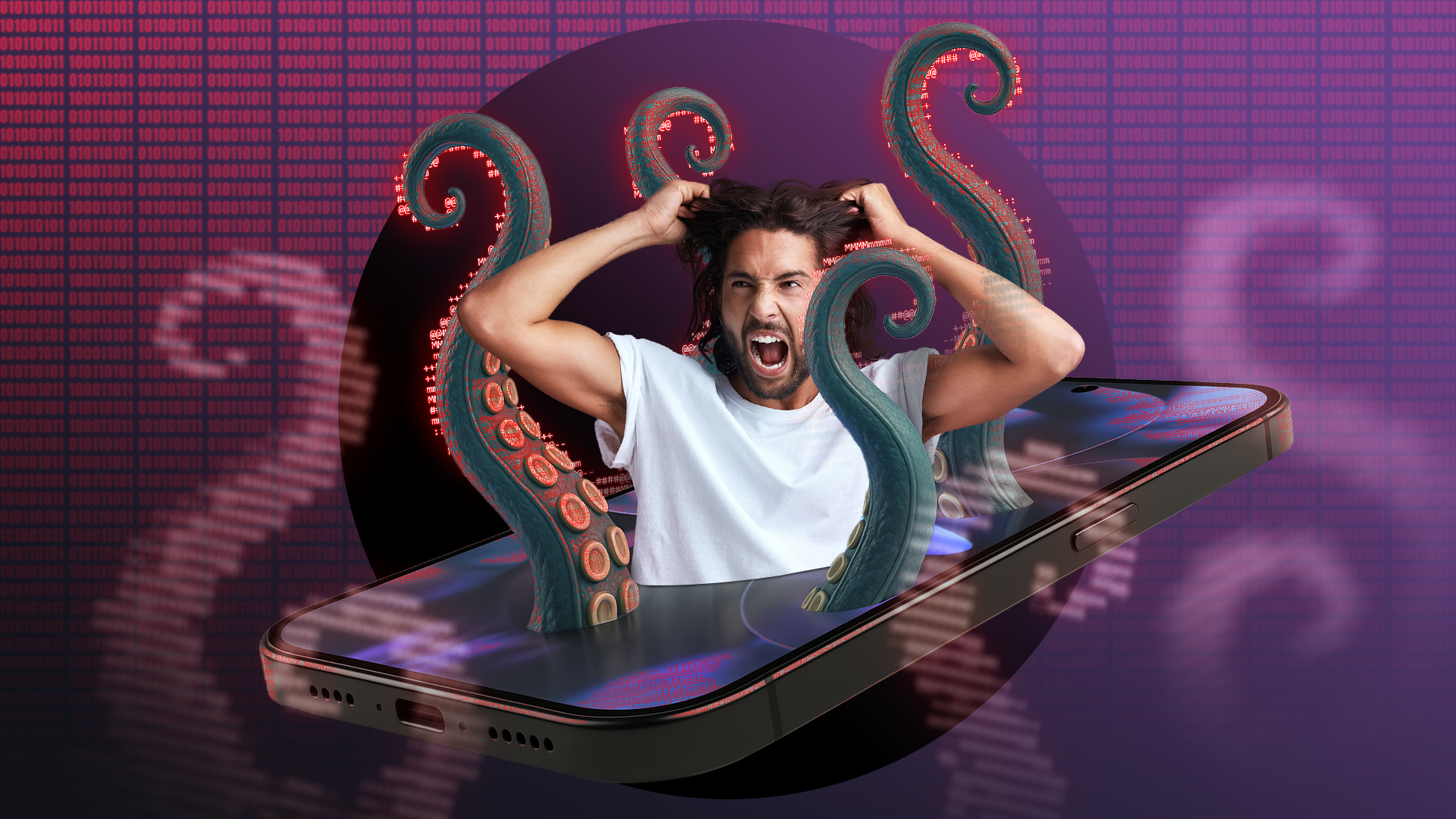 A frustrated man on a smartphone screen surrounded by tentacles with binary code in the background.