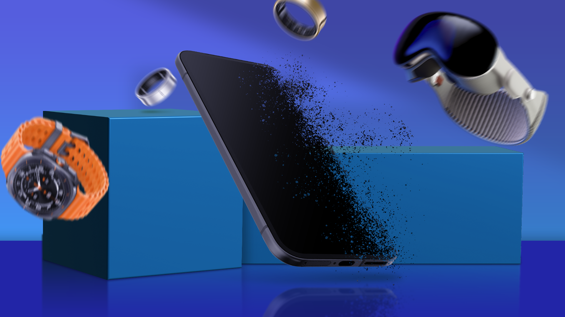 A smartphone disintegrating and some wearables around.