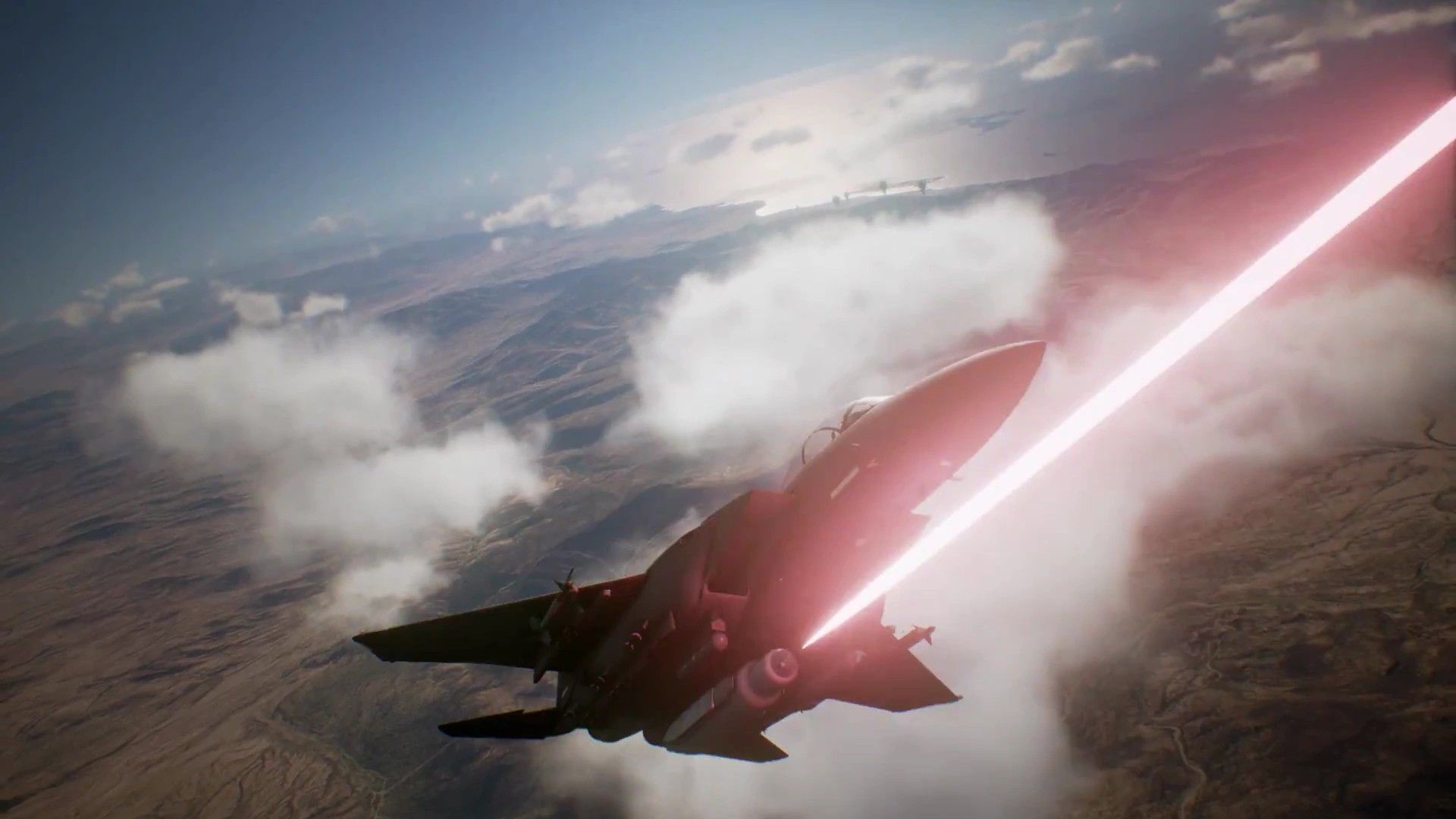A plane in a video game firing a laser weapon.