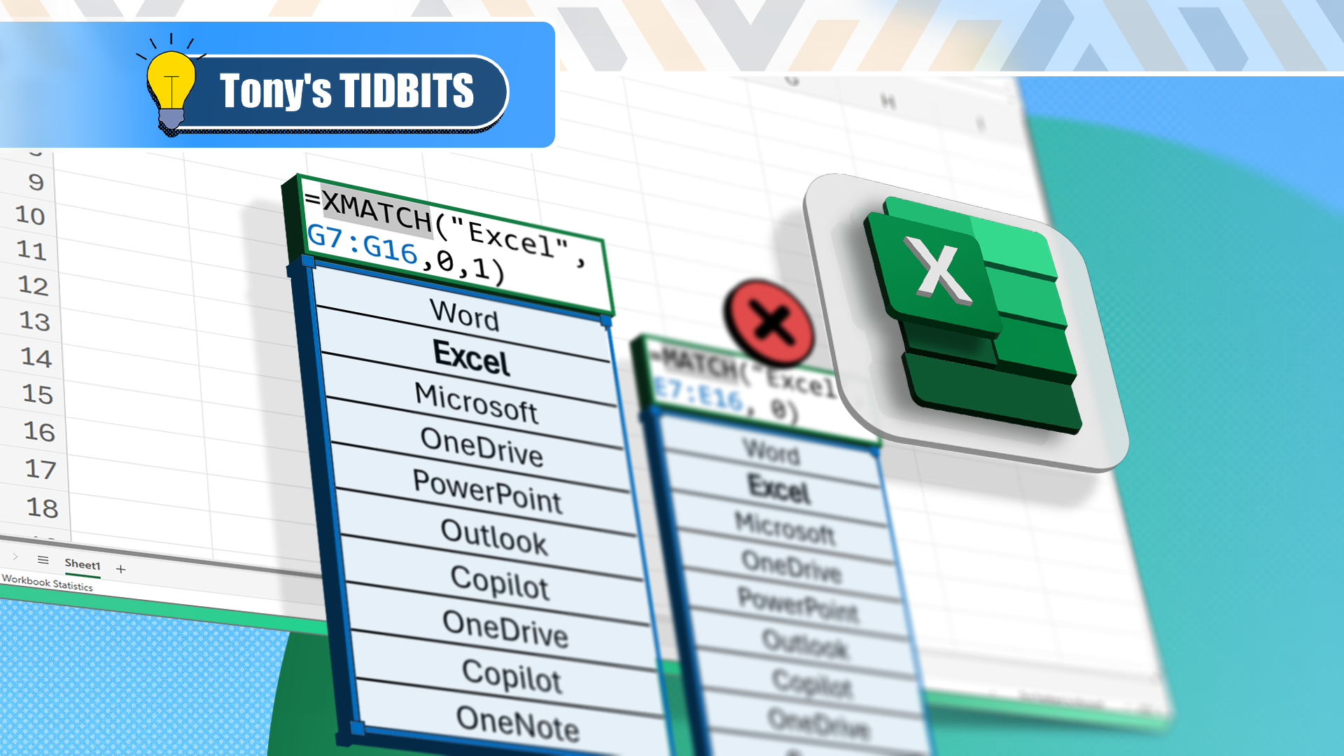 An Excel spreadsheet comparing the XMATCH and MATCH functions, with the Excel logo on the right.