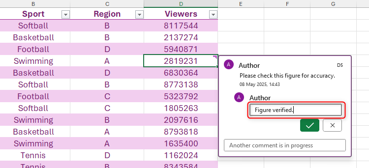 An new comment is being added to a thread of comments on a cell in Excel.