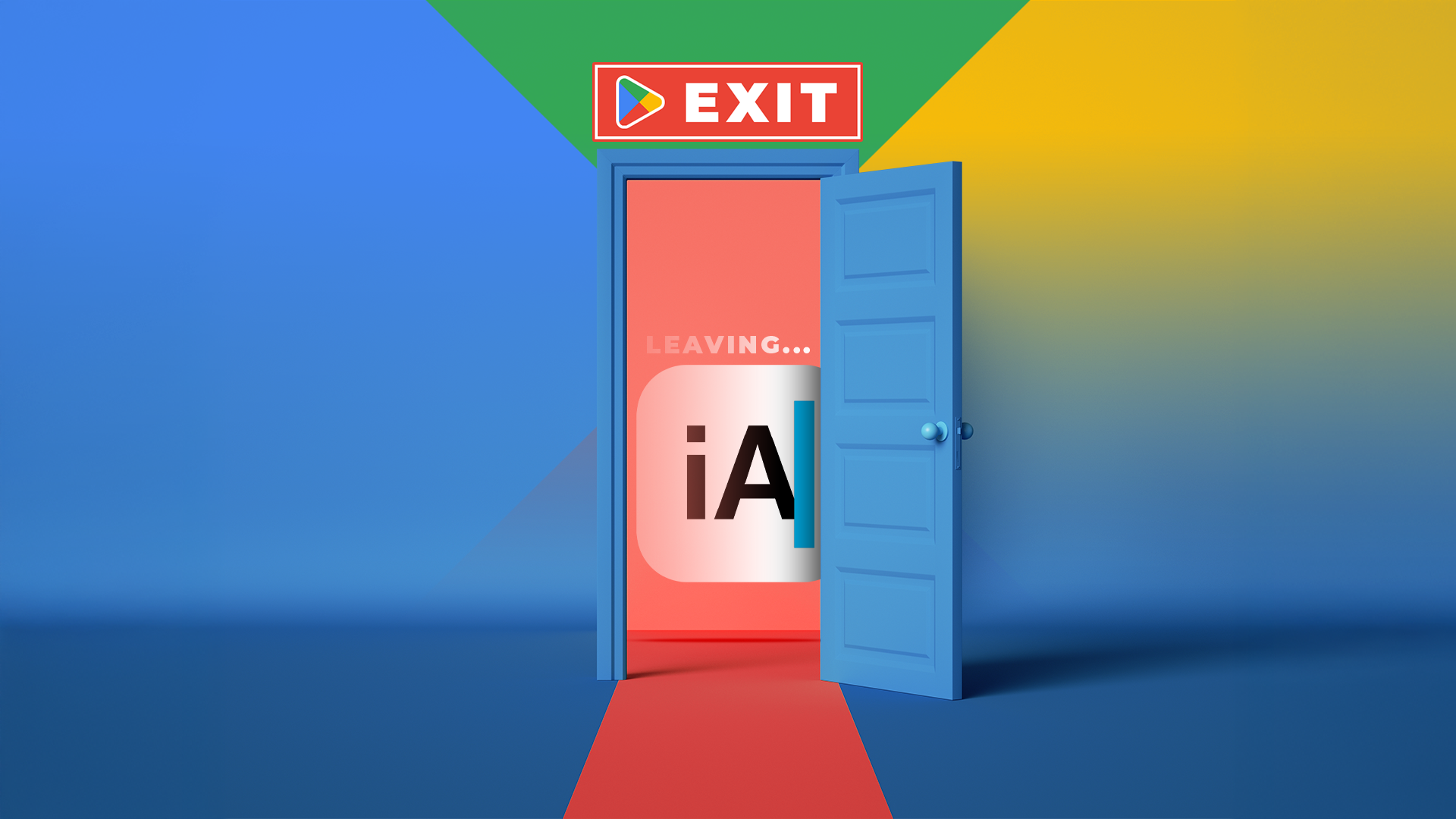 An exit door with the Play Store logo and the IA Writer app leaving.