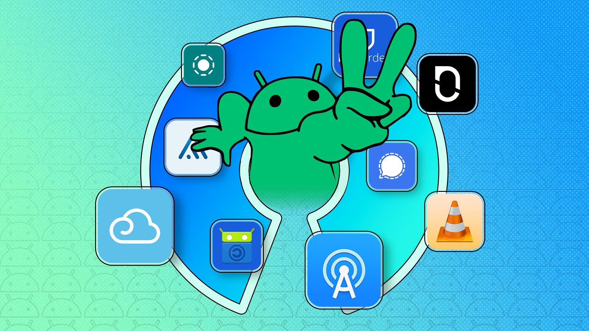 Android mascot emerging from the open-source icon, with various app logos around it