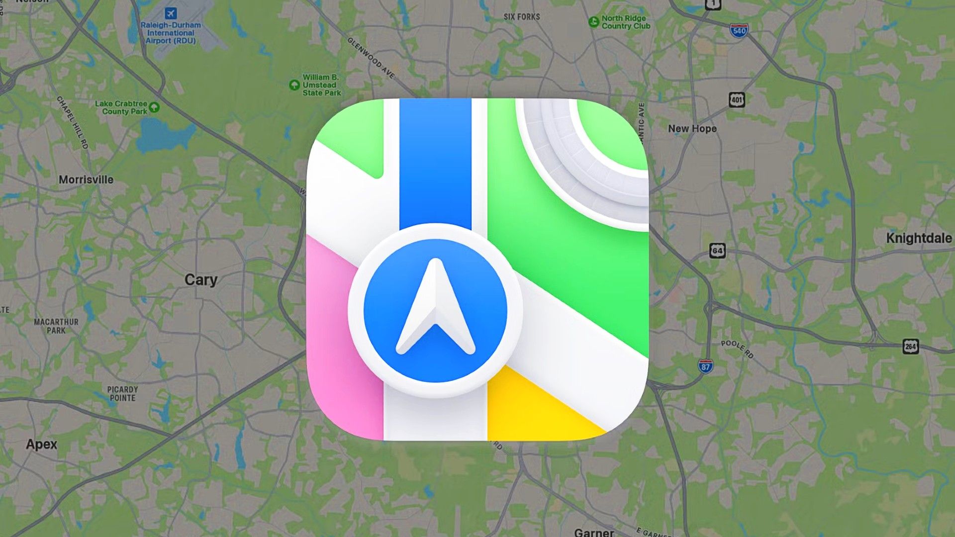 Apple Maps logo on a map image.