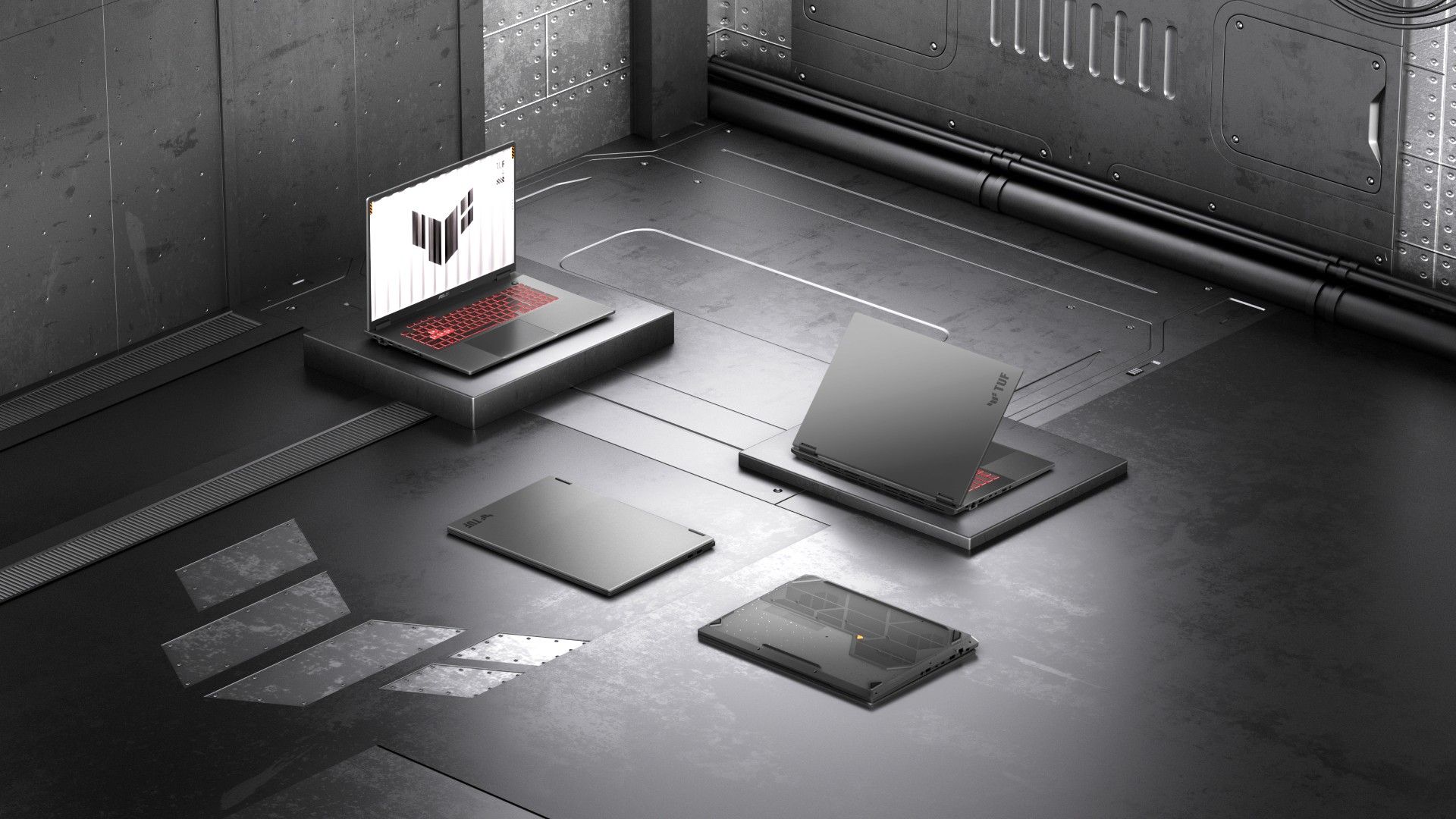 ASUS TUF GAMING A18 in Eclipse-Grey sitting on a block on the ground, with the same laptop in different positions nearby.
