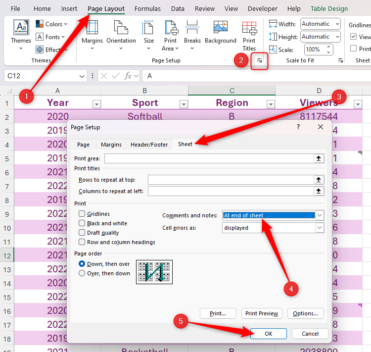 At End Of Sheet is selected in the Print section of the Sheet tab in the Page Setup dialog box in Excel.