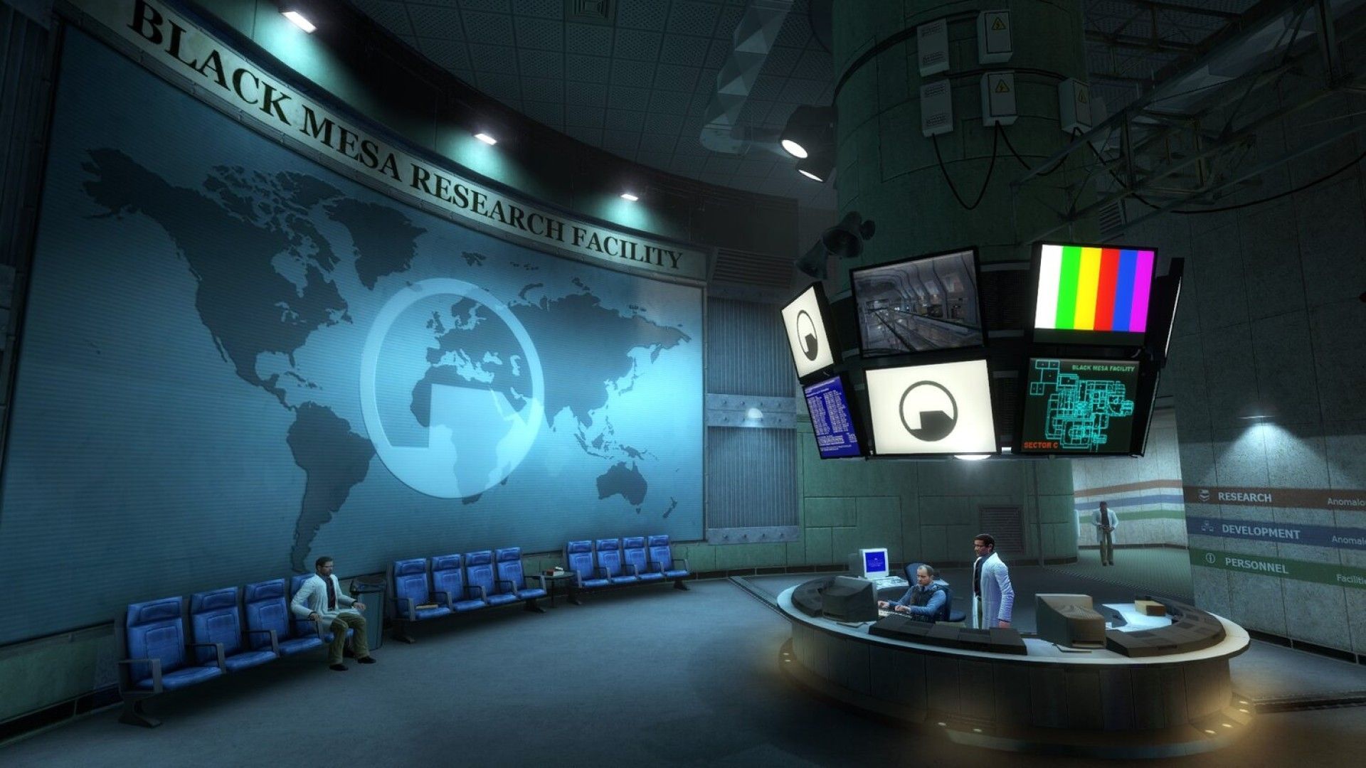 A Screenshot from the Black Mesa game showing the lobby of the Black Mesa research facility. 