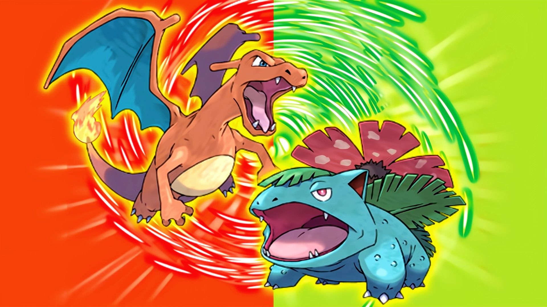 Charizard yelling next to Venusaur who is yelling back from Pokémon.