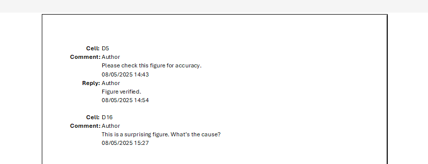 Comments in Excel as viewed in the print preview.