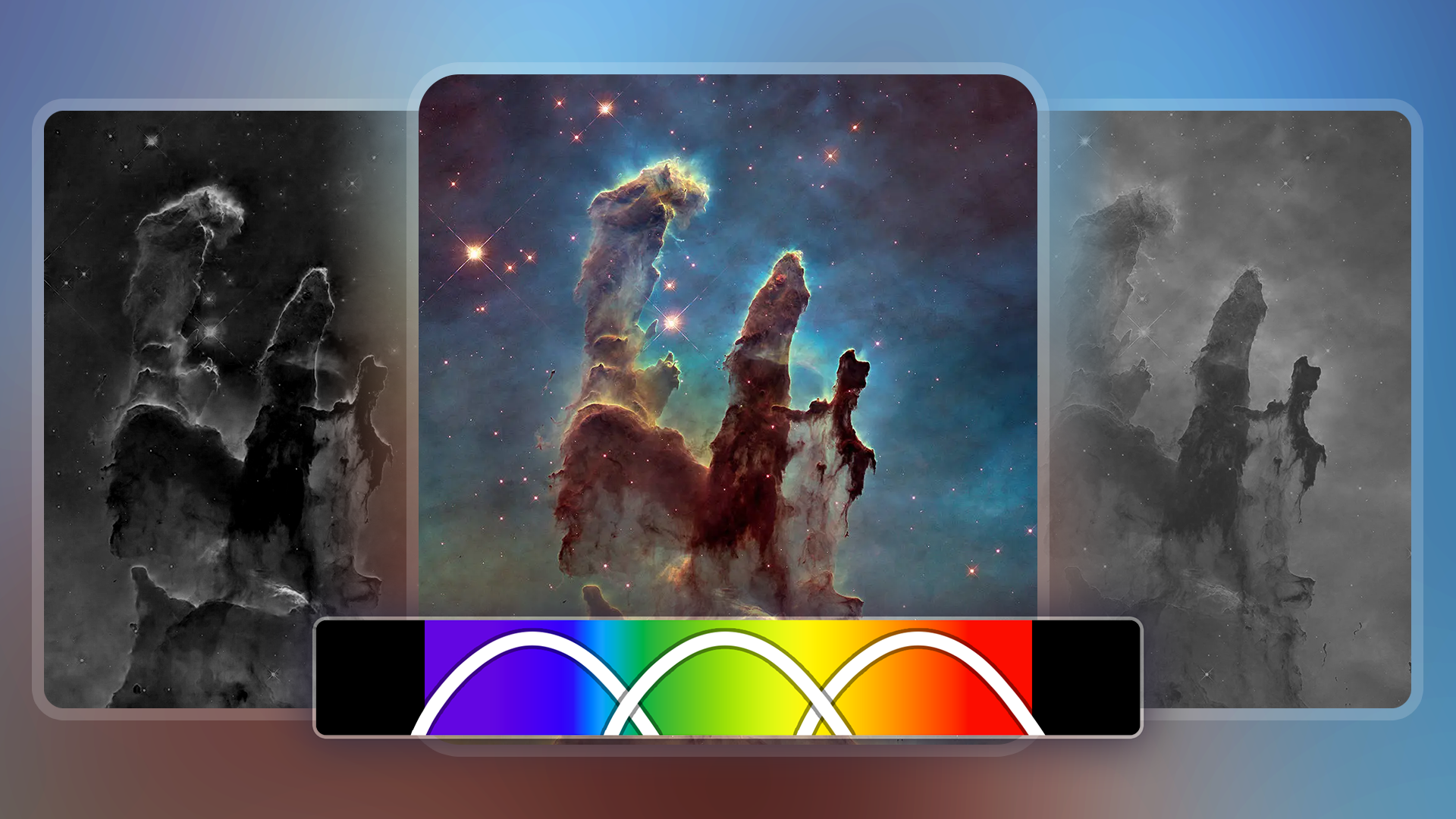 Comparative image of the 'Pillars of Creation' showing, on the left and right, monochromatic images captured in different light spectra, and in the center, the digitally composed color version.